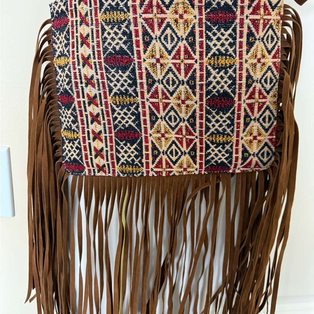 RAJ LA Tapestry Vegan Leather Fringed Shoulder Bag